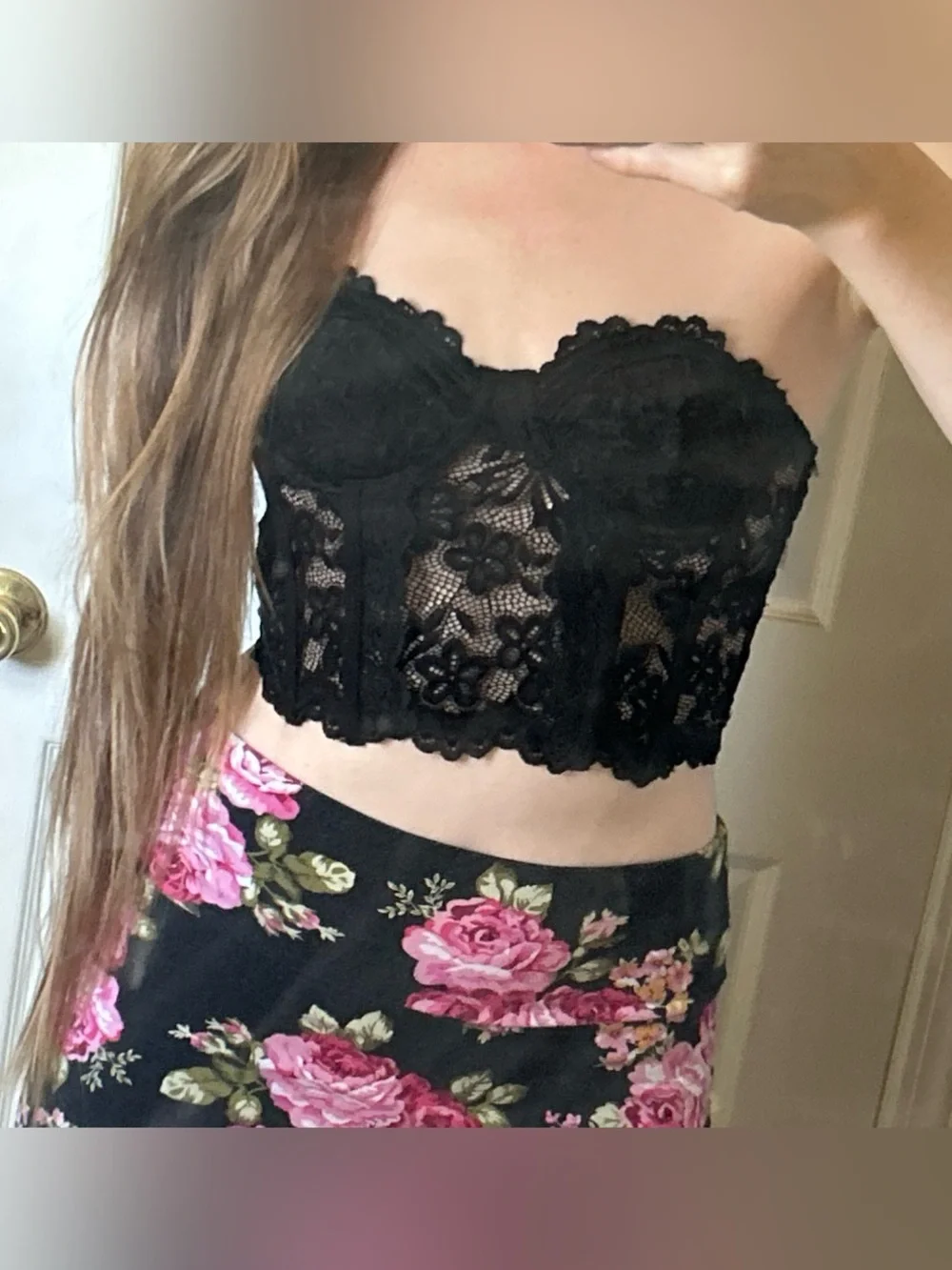 Lace Strapless Corset Crop Top - Black